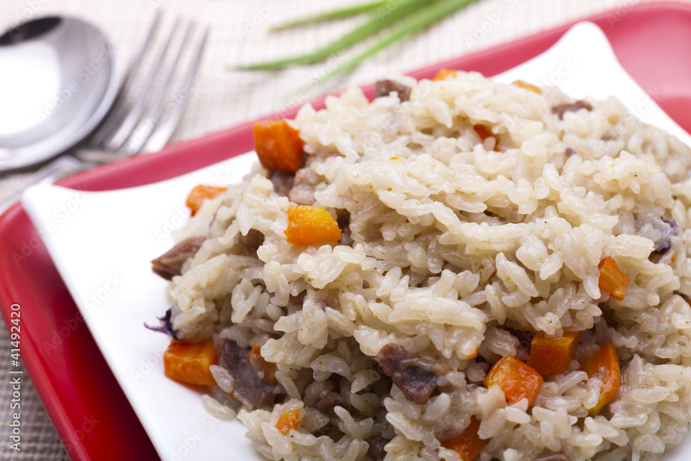 fried rice with chopped meats and vegetables. fried rice with chopped meats and vegetables.