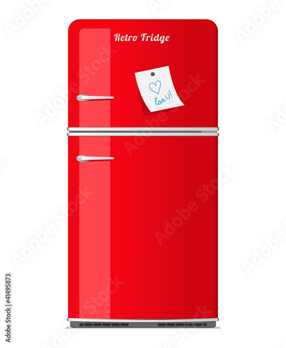 Red retro fridge with paper note. Vector illustration.