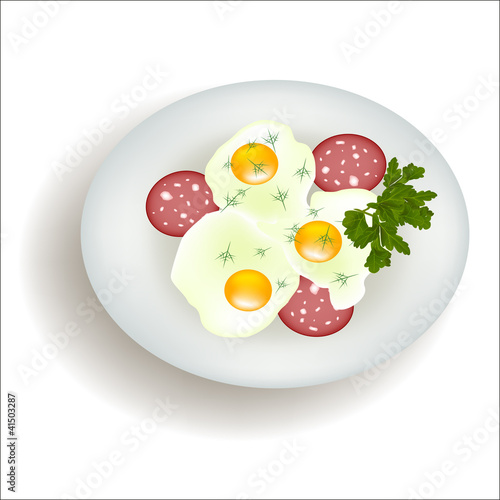 vector plate Scrambled Eggs sausage isolated on white background