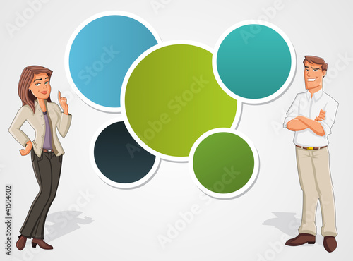 Colorful template with cartoon business man and woman