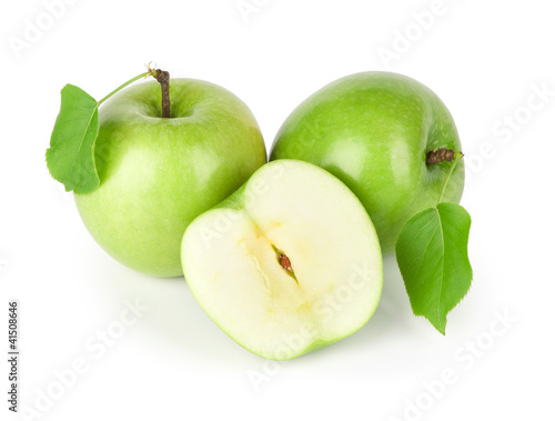 fresh green apple with leaf isolated on white