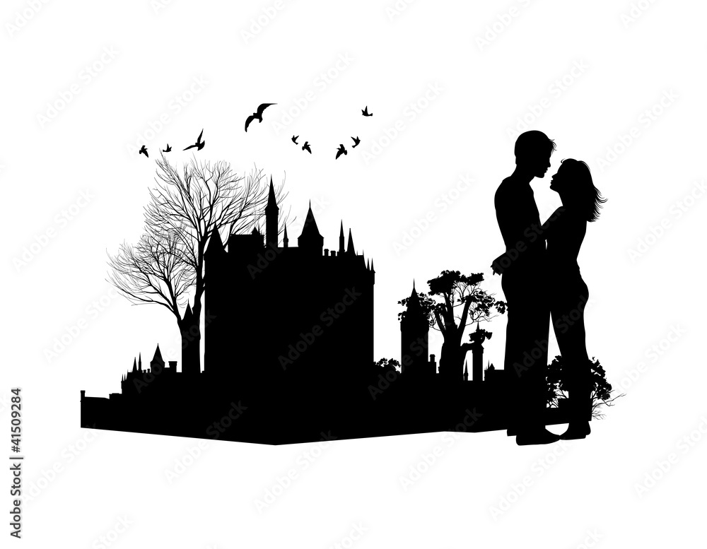 Obraz premium couple in love against the backdrop of an ancient castle