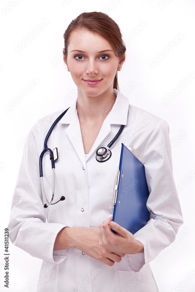 Portrait of a woman in medical uniform. Isolated on a white. Portrait of a woman in medical uniform. Isolated on a white.