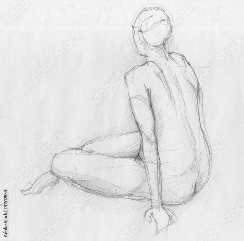 Sitting figure of a naked woman from back view, crayon sketch © psynovec