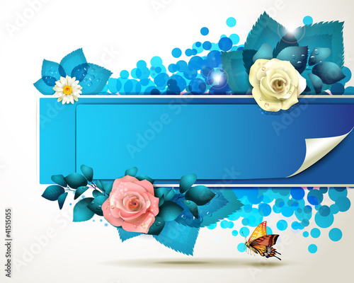 Banner design with leaf, flowers and butterflies
