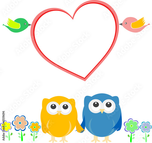 Valentine card with bird couple, owls and love heart