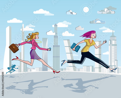 Businesswomen Running And Skyscrapers