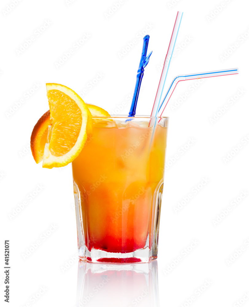 Red alcohol cocktail with orange slice isolated on white Red alcohol cocktail with orange slice isolated on white