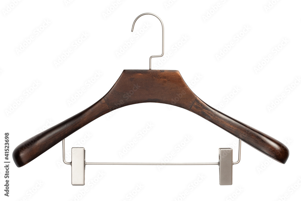 Closeup of brown wooden hanger isolated over white background Closeup of brown wooden hanger isolated over white background