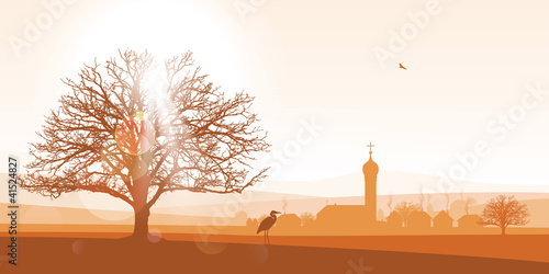 European village landscape in sepia.