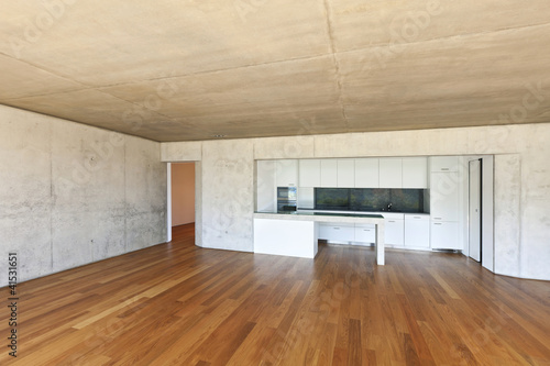 modern concrete house with hardwood floor, open space