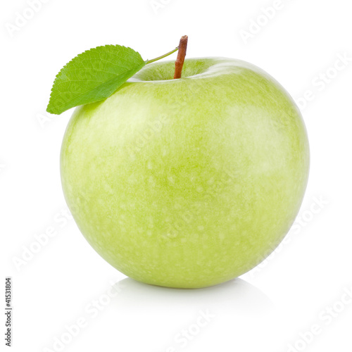 Single Green Apple with Leaf isolated on a white background