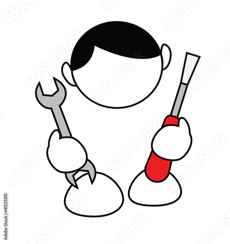 Funny cartoon boy with wrench and screwdriver isolated on white