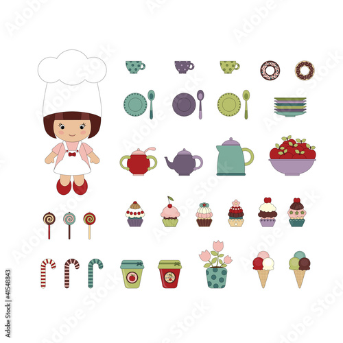 Cute dessert set with little girl chef