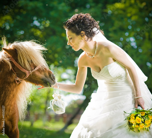 Fotografie, Obraz Bride and ponies in park