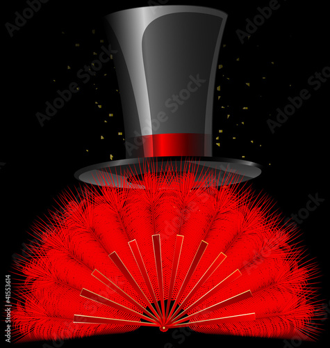 black top-hat and red feathers fan