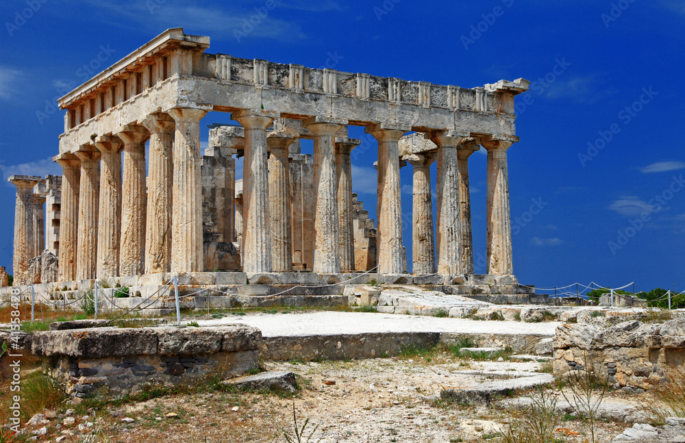 Greece travel and landmarks . antique temple of Orfeas in Aegina island, the prototipe of Acropolis. Saronics gulf