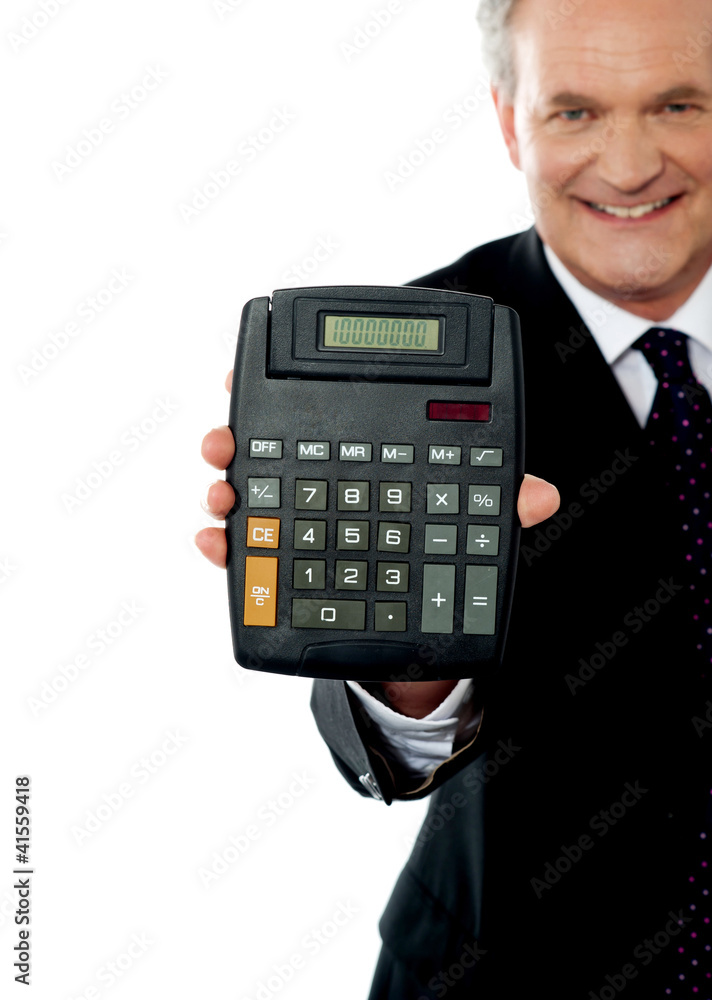Cropped image of a businessman showing calculator Cropped image of a businessman showing calculator