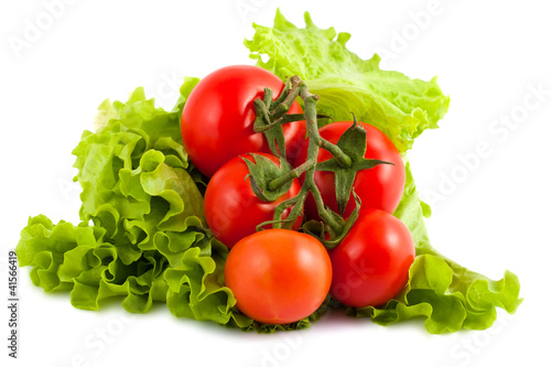 Branch of tomatoes on salad leaf