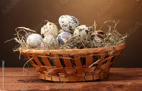quail eggs in nest on wooden table on brown background