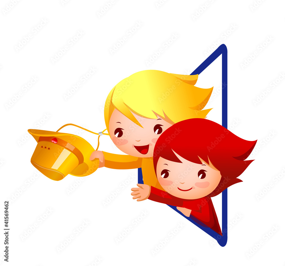 Boy and Girl waving hand outside window Boy and Girl waving hand outside window