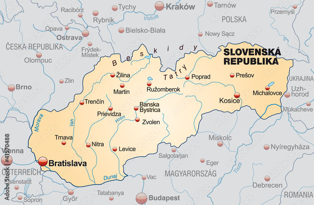 Map of Slovakia as an overview with neighboring countries