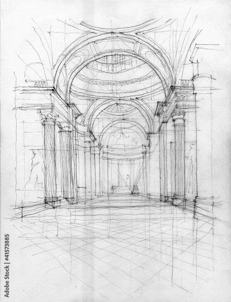 Naklejka premium Crayon drawing of Pantheon interior view, Paris, France