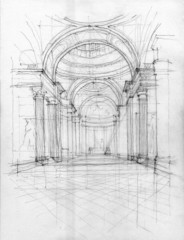 Crayon drawing of Pantheon interior view, Paris, France