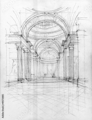 Crayon drawing of Pantheon interior view, Paris, France © psynovec