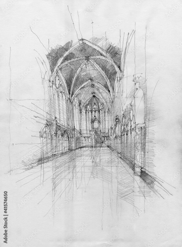 Fototapeta premium Crayon drawing of Saint Chapelle interior space, Paris, France