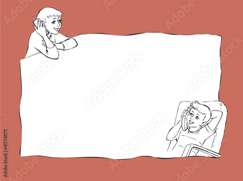 Vector frame with  boys who communicate by telephone