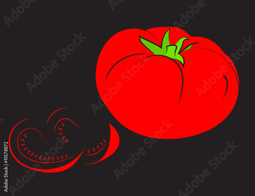 Red tomato with lobules on a black background.
