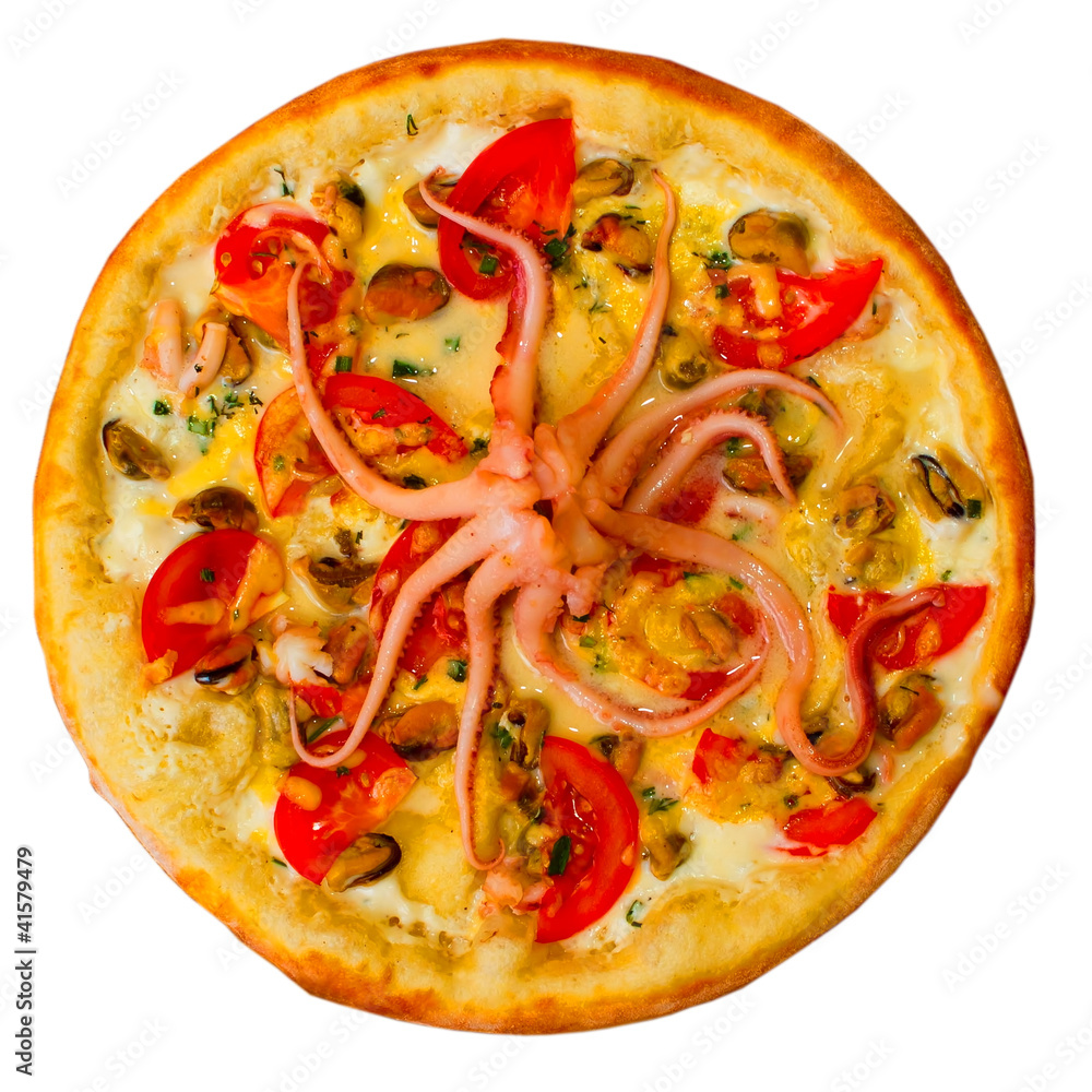 Pizza tasty seafood octopus on white background (clipping path) Pizza tasty seafood octopus on white background (clipping path)