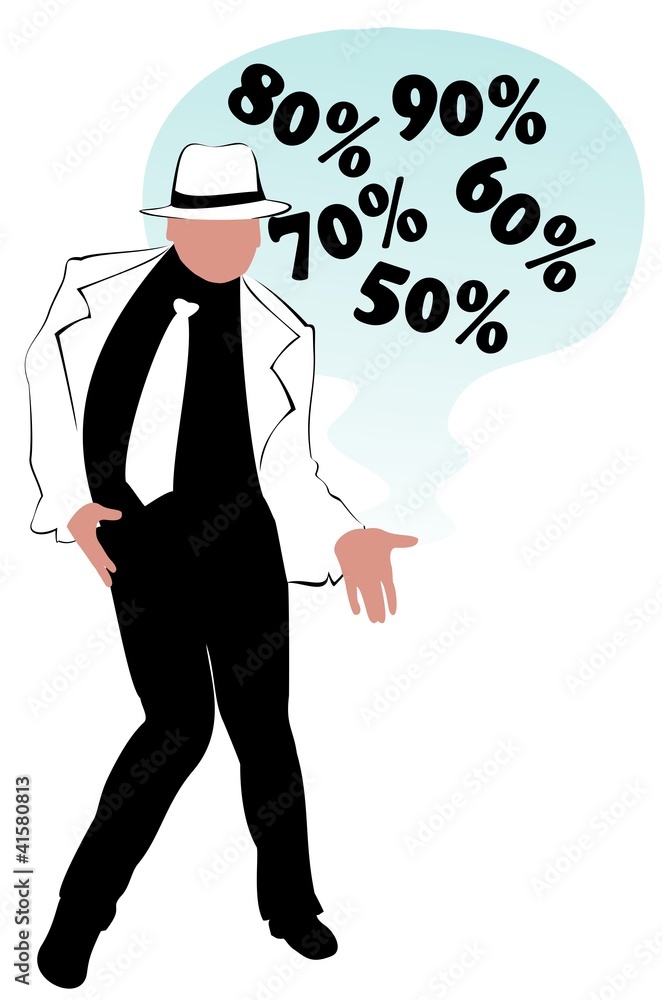 The fashionable man in a hat advertizes discounts The fashionable man in a hat advertizes discounts
