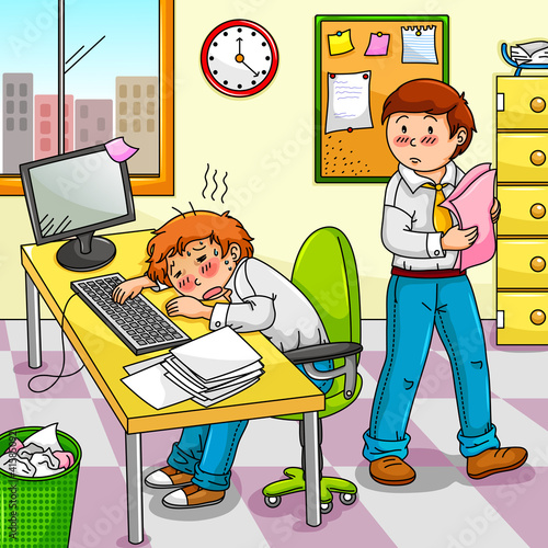 worker feeling ill or tired with his colleague next to him