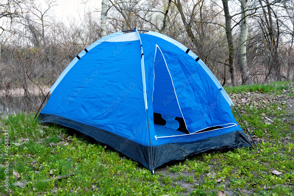 blue tent in forest