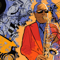 Wandcirkels Muziekband Saxofonist op grunge achtergrond  © Isaxar
