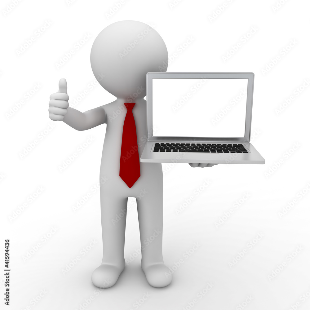 3d businessman showing blank laptop 3d businessman showing blank laptop