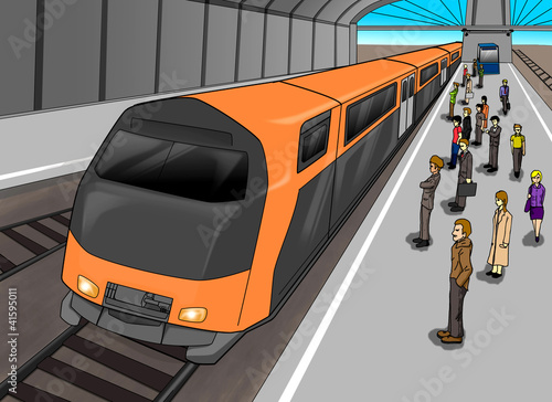 Cartoon illustration of people waiting at the train station