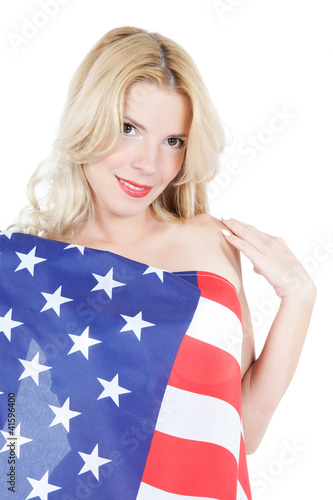 Happy young woman wearing american flag