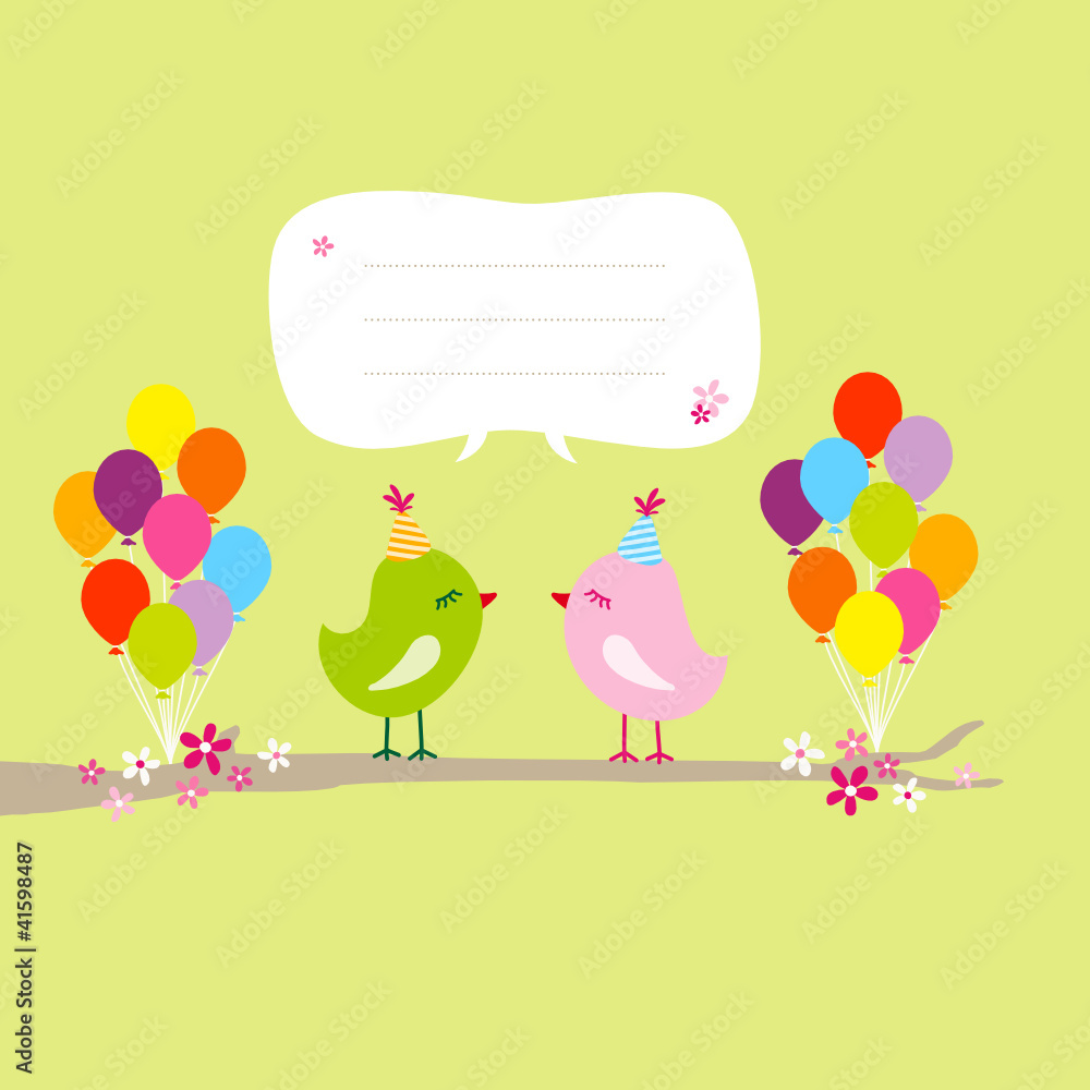 2 Birds On Tree Colored Ballons Speech Bubble Green 2 Birds On Tree Colored Ballons Speech Bubble Green