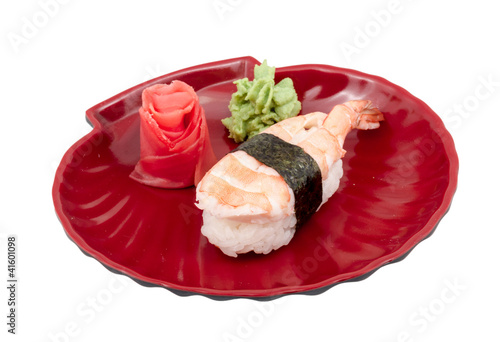 Shrimp sushi closeup isolated on white background