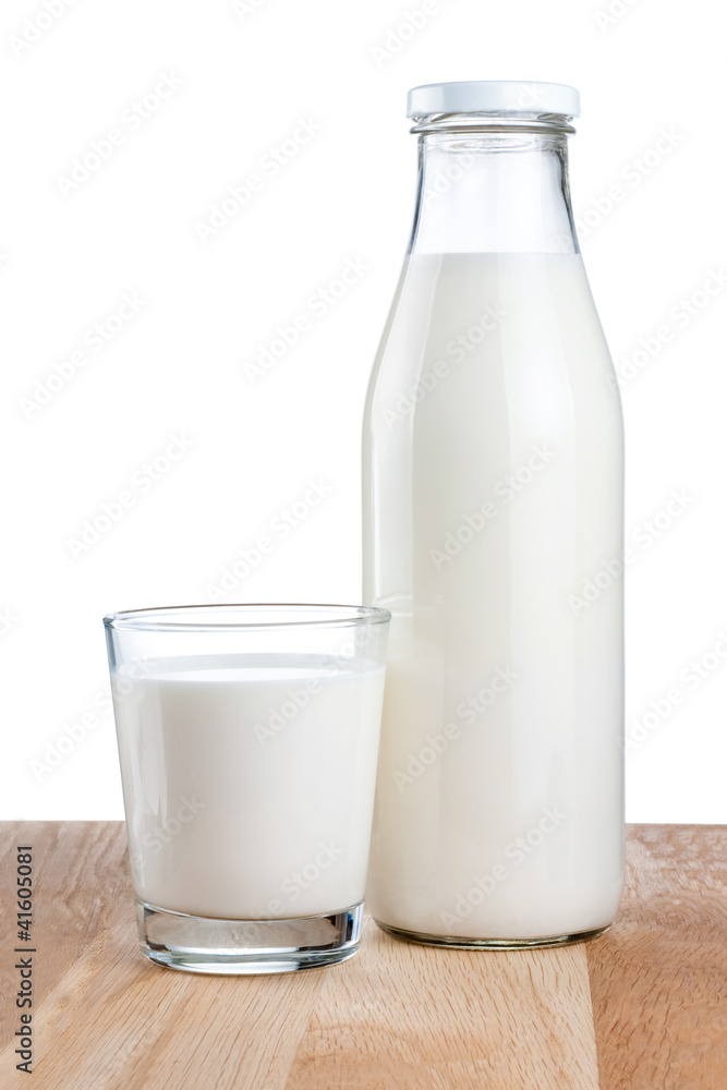 Bottle of fresh milk and glass is wooden table Isolated on white Bottle of fresh milk and glass is wooden table Isolated on white