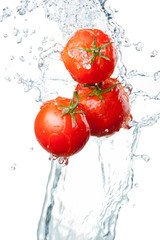 Küchenrückwand glas motiv Spritzendes Wasser Drei frische rote Tomaten in Spritzwasser isoliert auf weißem Ba  © Hyrma