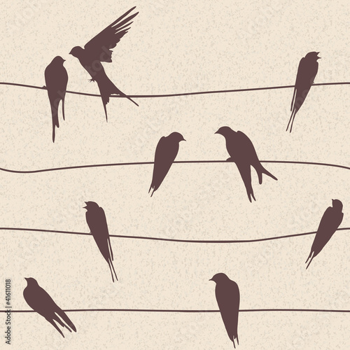 Vector seamless pattern with birds on wires