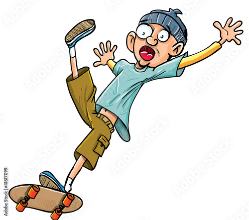 Cartoon skater falling of his skateboard.