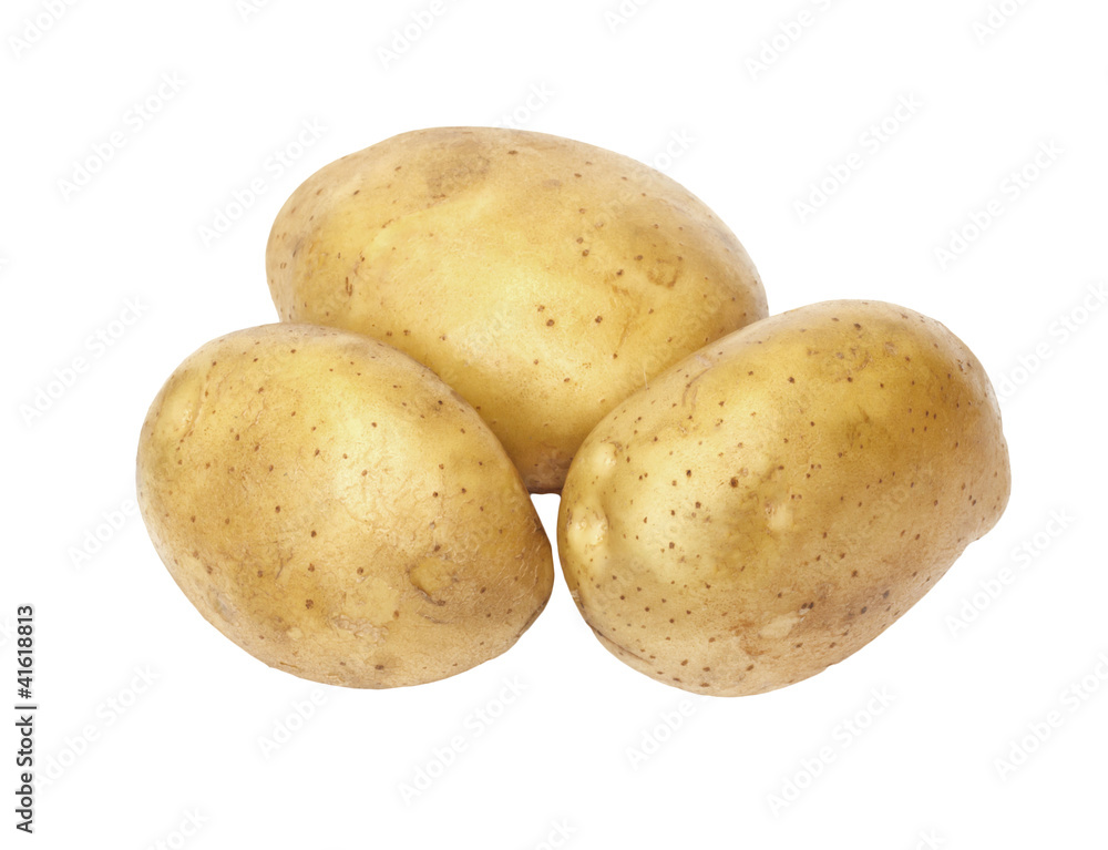 Three fresh and washed potatoes on white background Three fresh and washed potatoes on white background