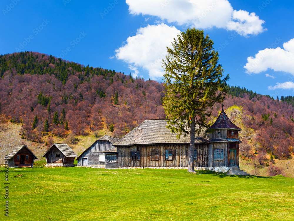 Wooden house and mountains