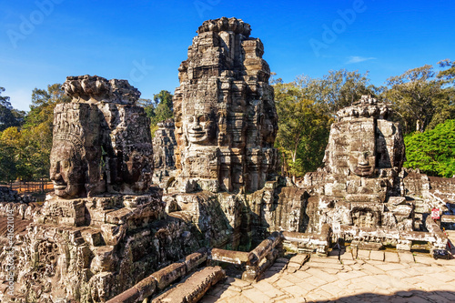 Faces of ancient Bayon Temple At Angkor Wat