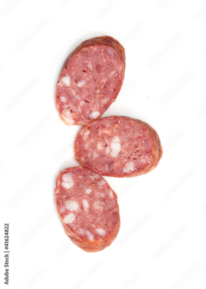 Three pieces of the sausage on white background Three pieces of the sausage on white background